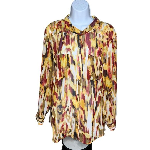 Blouse Top Two by Vince Camuto Brown Amber Burgundy Sheer Button Front LS Sz L - Picture 2 of 10